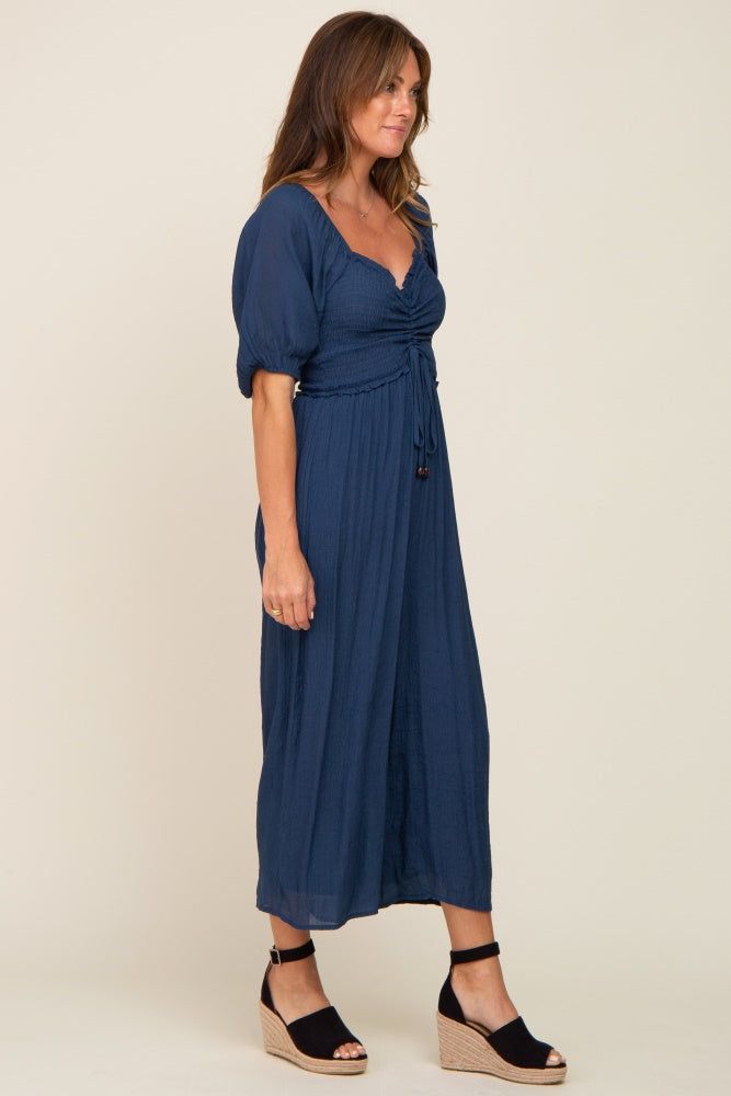 Navy Blue Smocked Drawstring Front Short Sleeve Jumpsuit sold by Pinkblush product image thumbnail 2