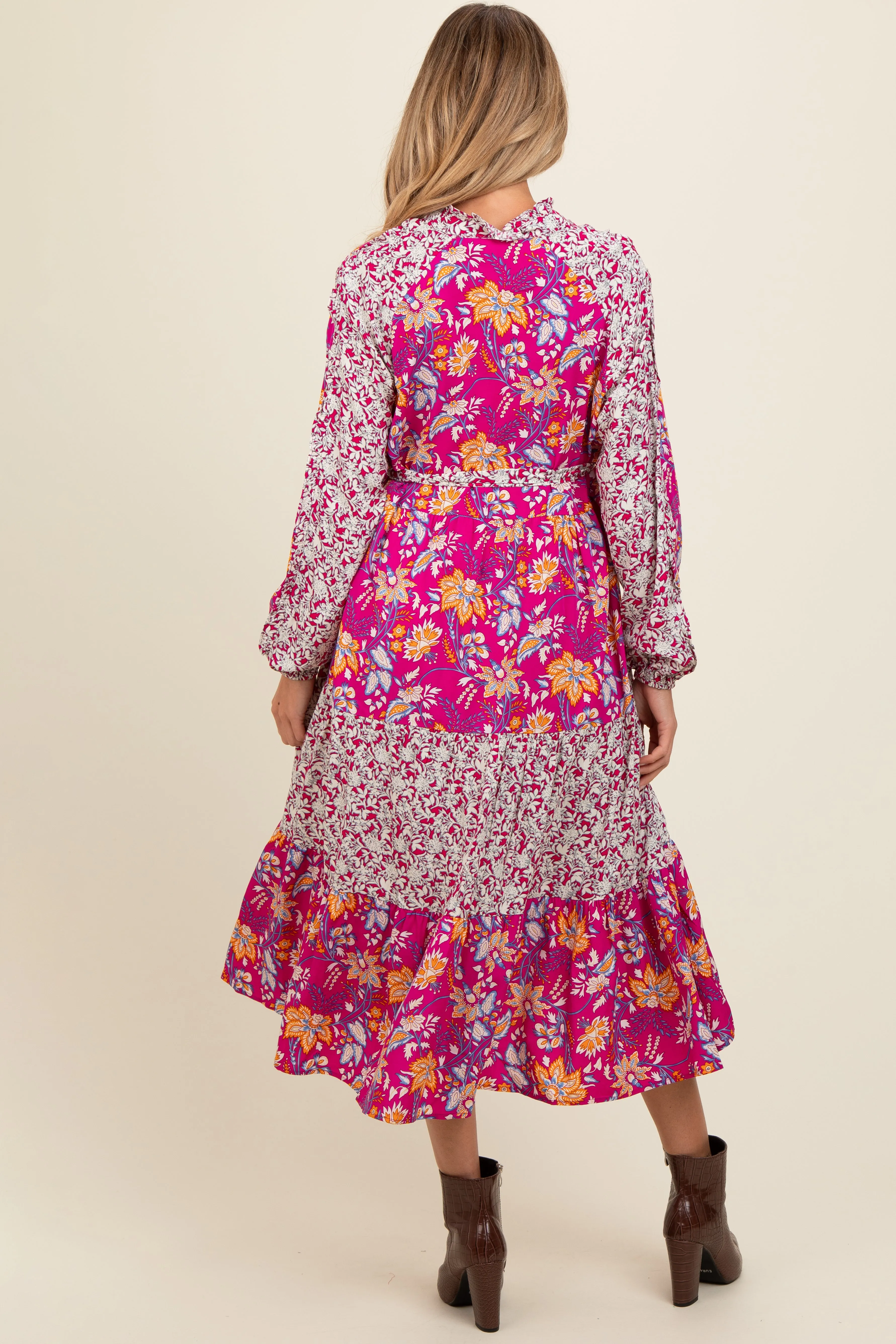 Magenta Mixed Floral Front Tie Maternity Midi Dress sold by Pinkblush product image thumbnail 4