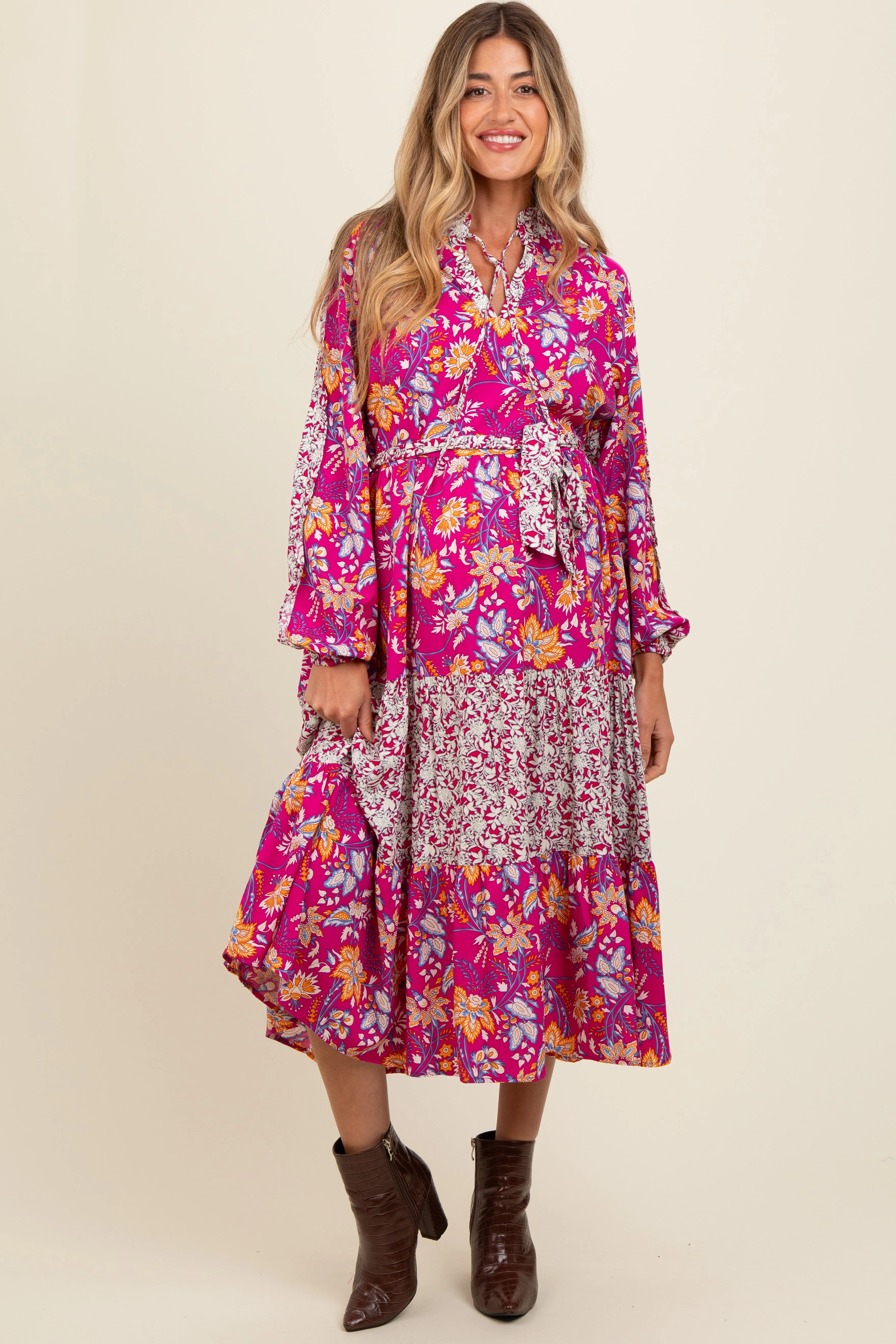 Magenta Mixed Floral Front Tie Maternity Midi Dress sold by Pinkblush