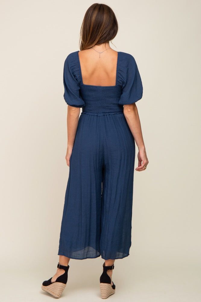 Navy Blue Smocked Drawstring Front Short Sleeve Jumpsuit sold by Pinkblush product image thumbnail 3