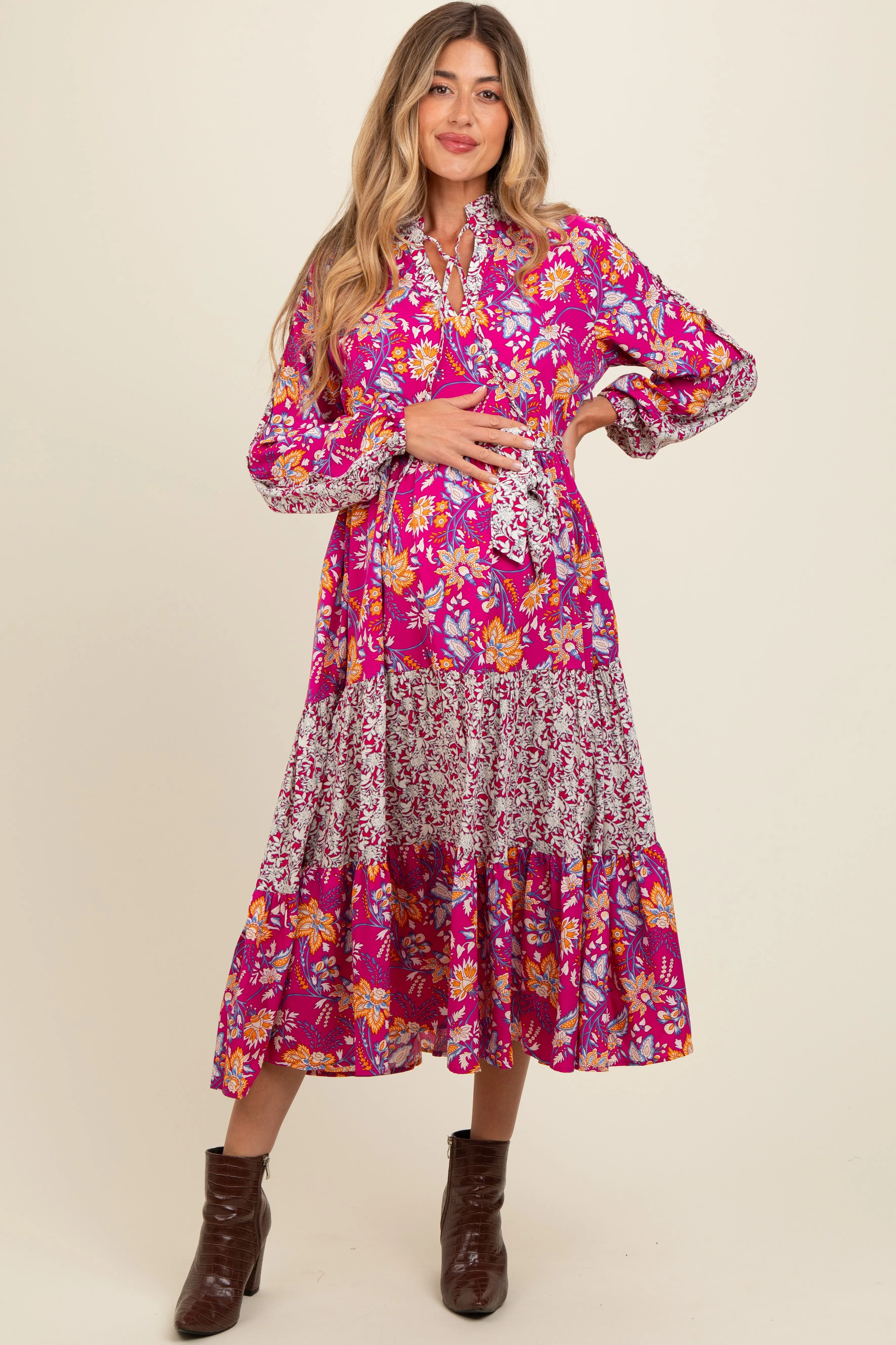 Magenta Mixed Floral Front Tie Maternity Midi Dress sold by Pinkblush product image thumbnail 2