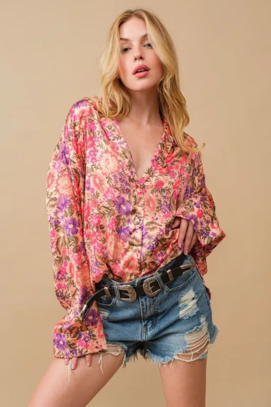 Beige Multi Satin Floral Collard Button Up Shirt Blouse sold by Pinkblush