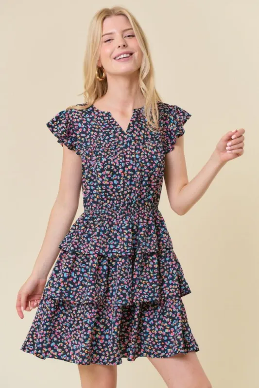 Black Split Ruffled Sleeve Tiered Bottom Mini Dress sold by Pinkblush