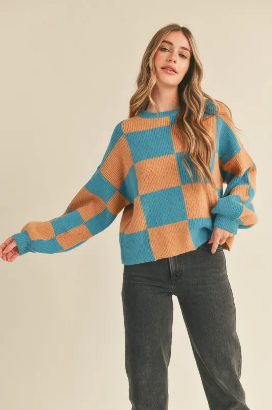 Teal Blue Taupe Oversized Checkered Pullover Sweater sold by Pinkblush