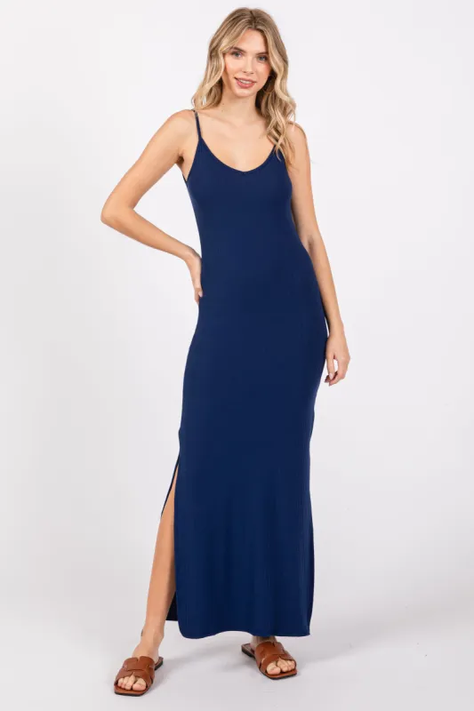 Navy Ribbed Side Slit Maxi Dress sold by Pinkblush