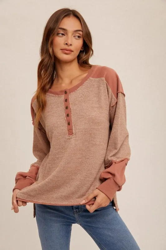 Rose Textured Knit Boxy Henley Pullover sold by Pinkblush