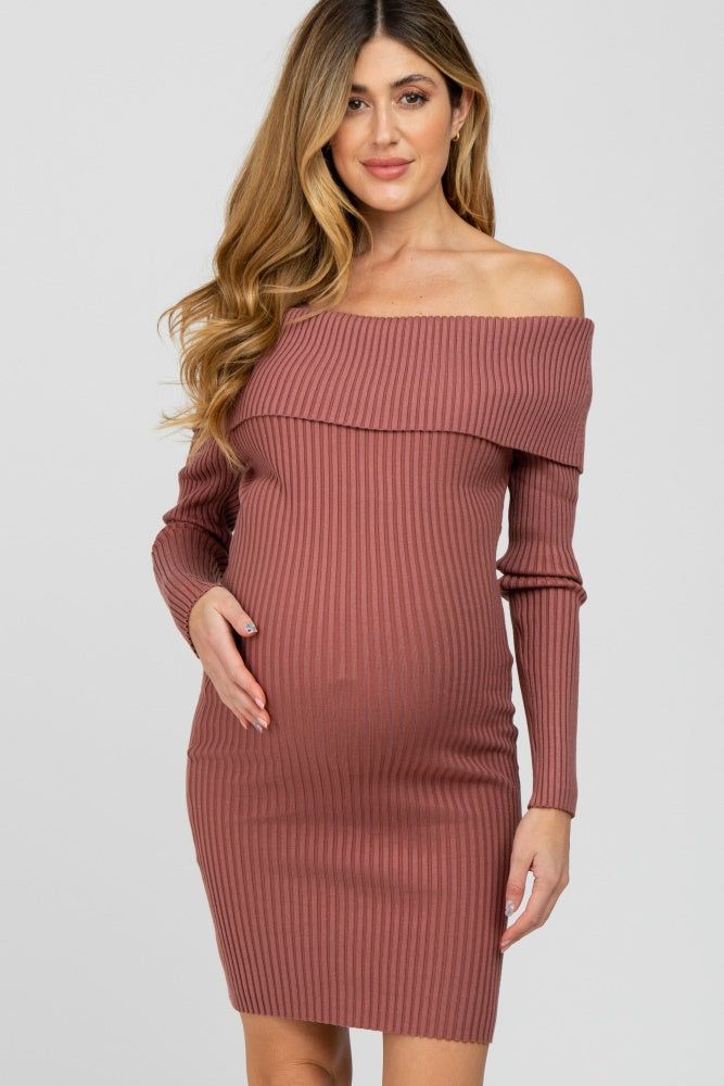 Mauve Ribbed Off Shoulder Maternity Fitted Sweater Dress sold by Pinkblush product image thumbnail 2