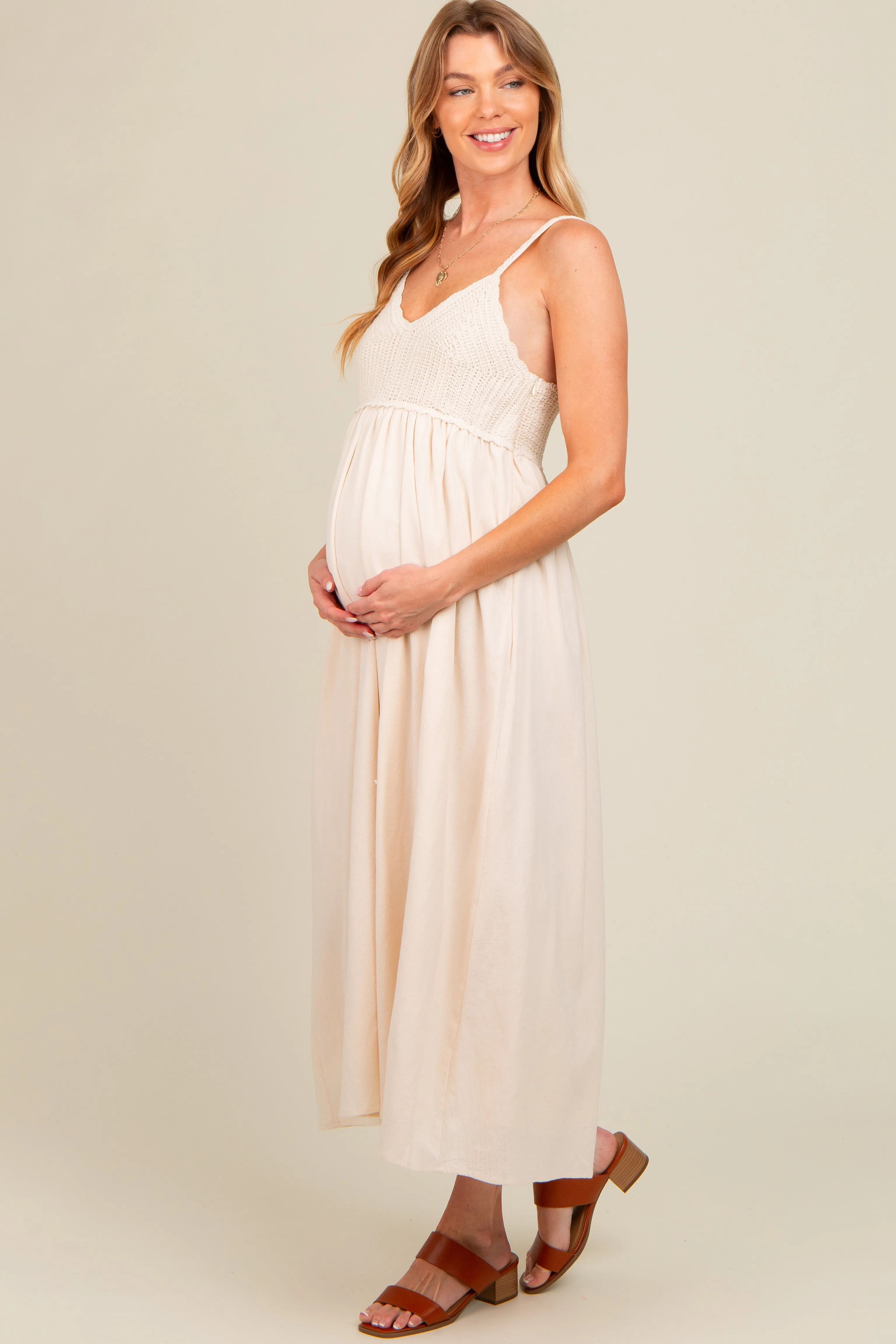 Cream V-Neck Crochet Top Maternity Midi Dress sold by Pinkblush product image thumbnail 3