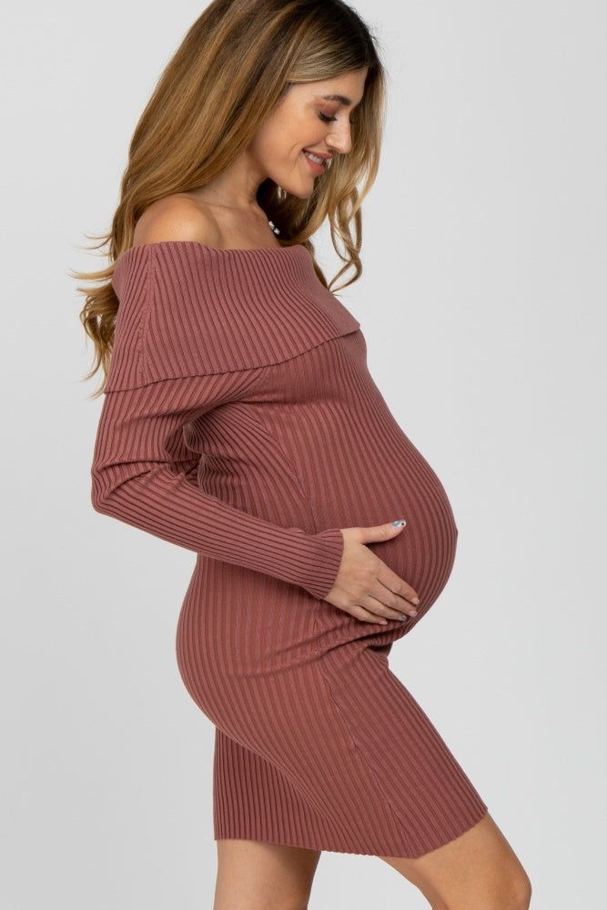 Mauve Ribbed Off Shoulder Maternity Fitted Sweater Dress sold by Pinkblush product image thumbnail 3
