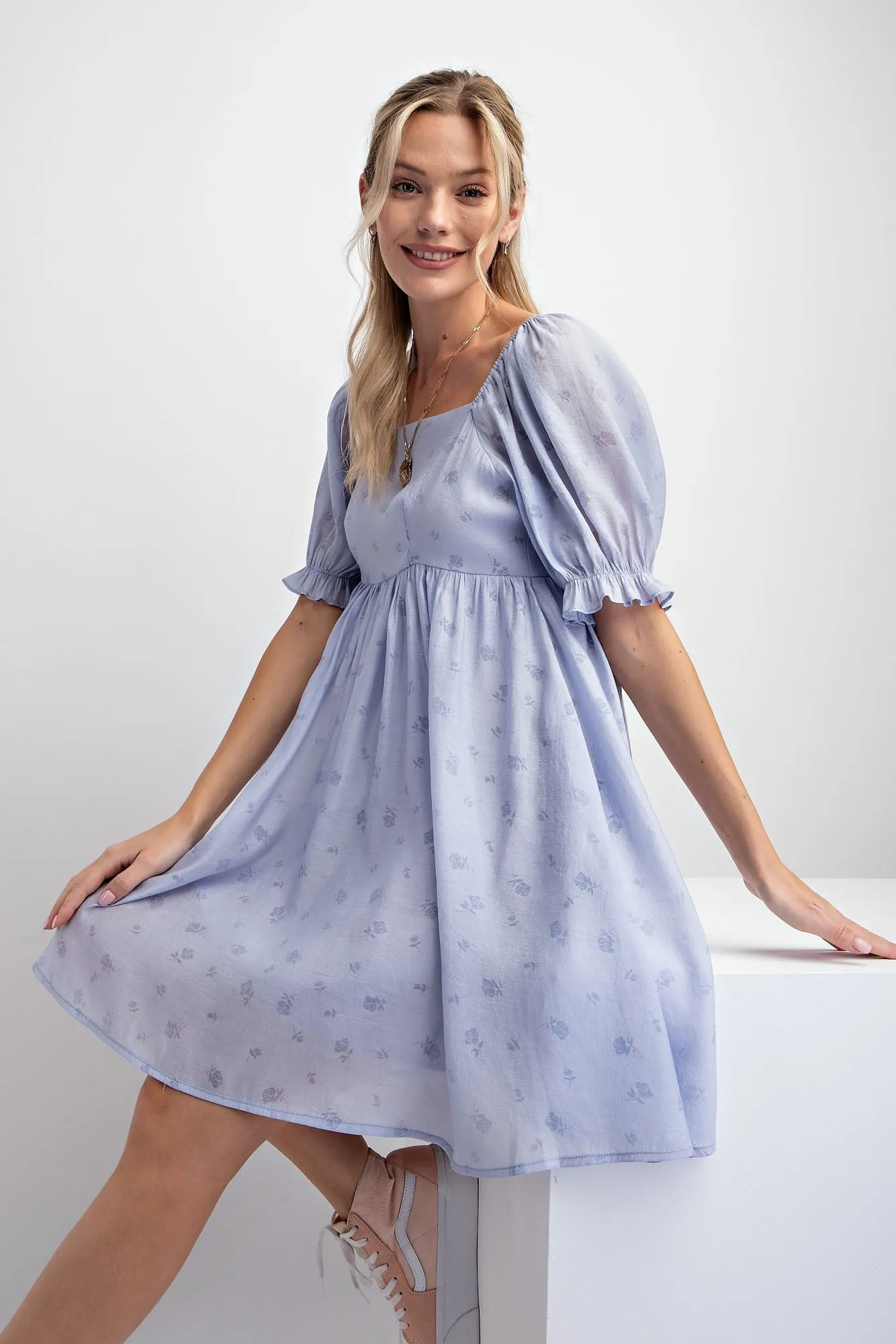 Light Blue Floral Puff Sleeve Dress sold by Pinkblush