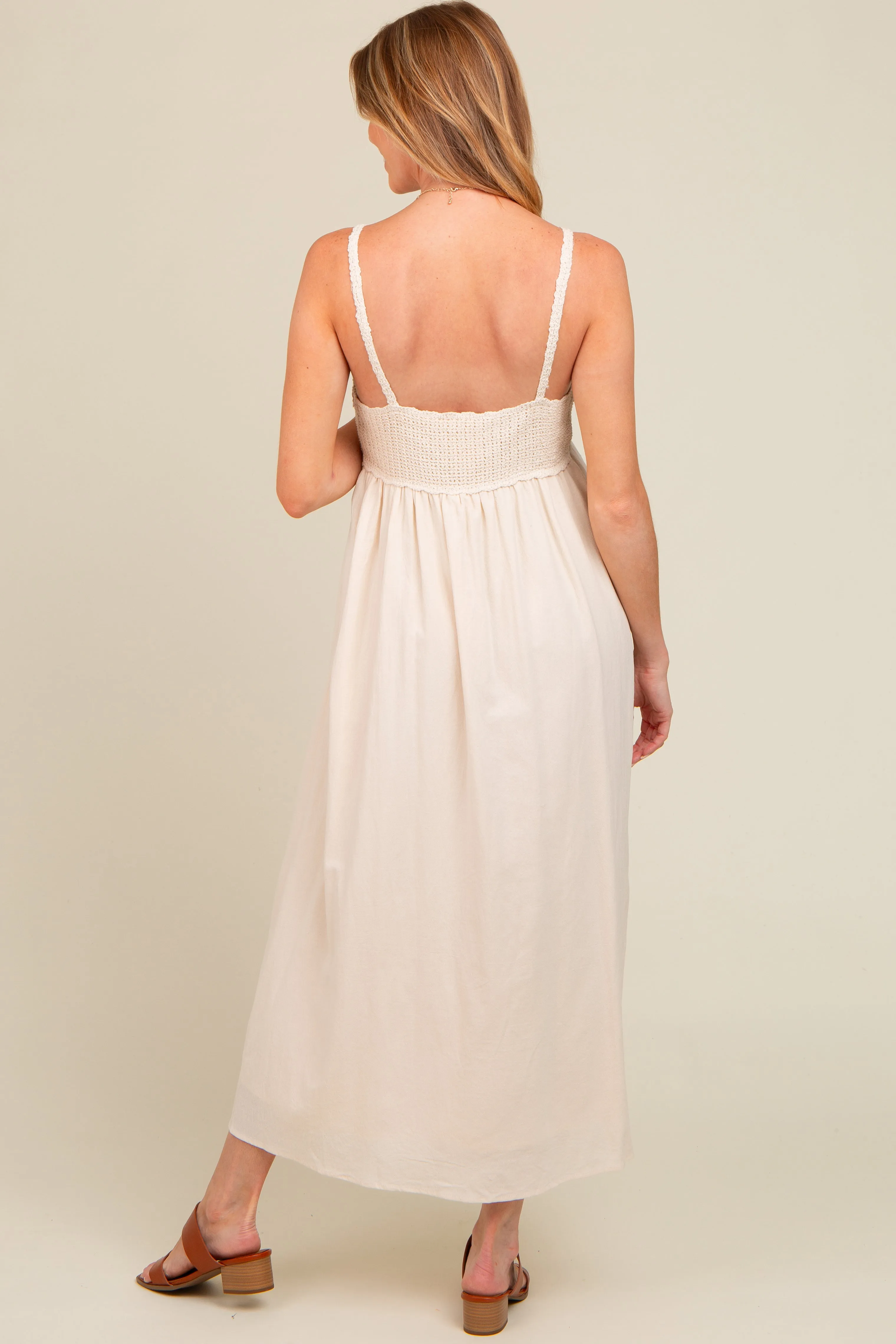 Cream V-Neck Crochet Top Maternity Midi Dress sold by Pinkblush product image thumbnail 4