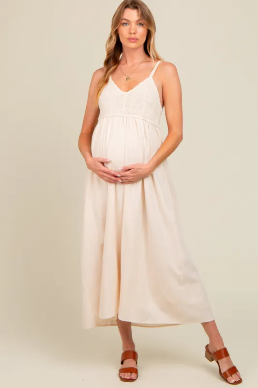 Cream V-Neck Crochet Top Maternity Midi Dress sold by Pinkblush