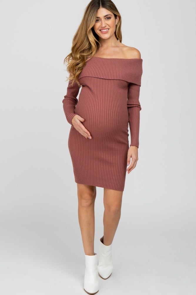 Mauve Ribbed Off Shoulder Maternity Fitted Sweater Dress sold by Pinkblush