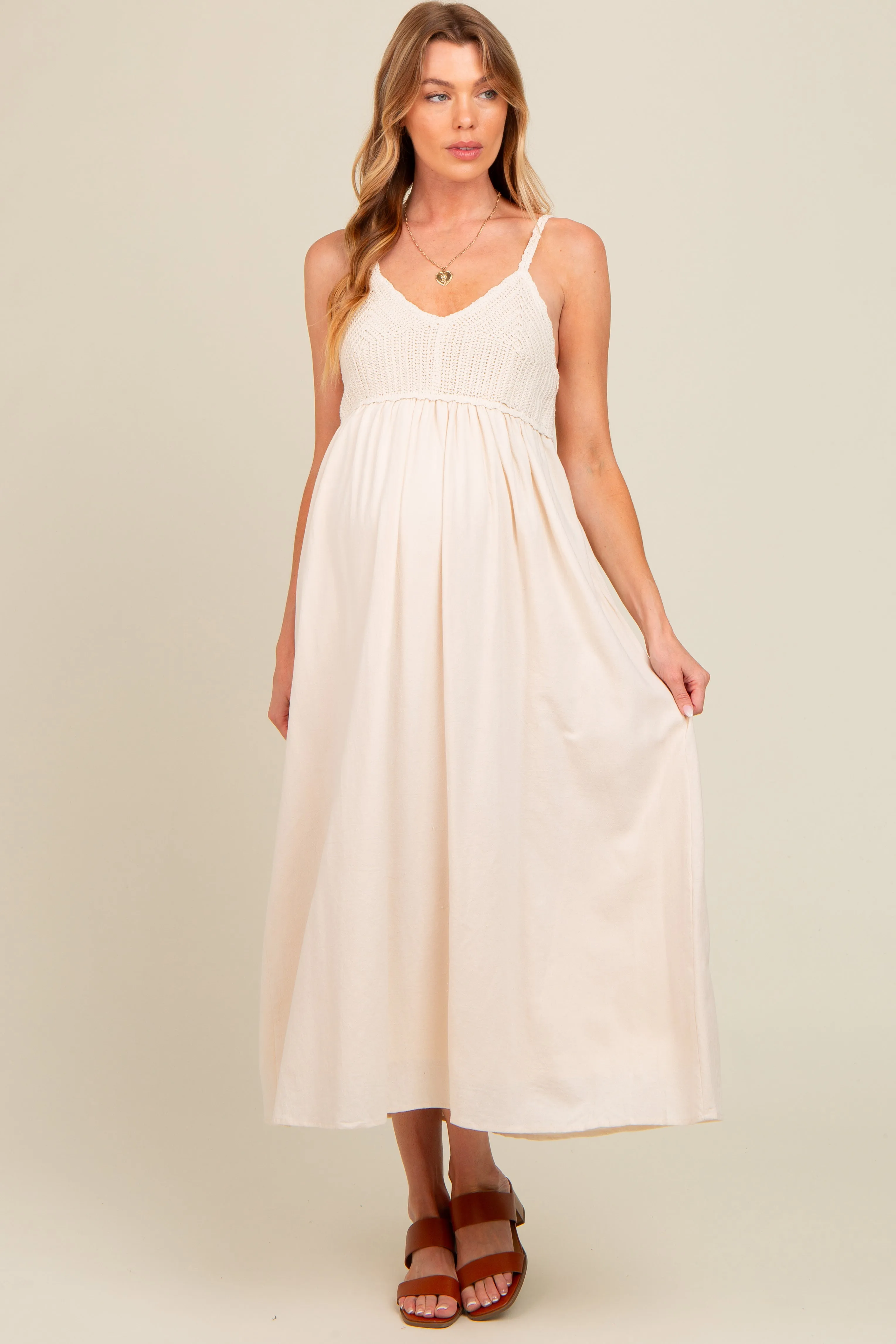 Cream V-Neck Crochet Top Maternity Midi Dress sold by Pinkblush product image thumbnail 2