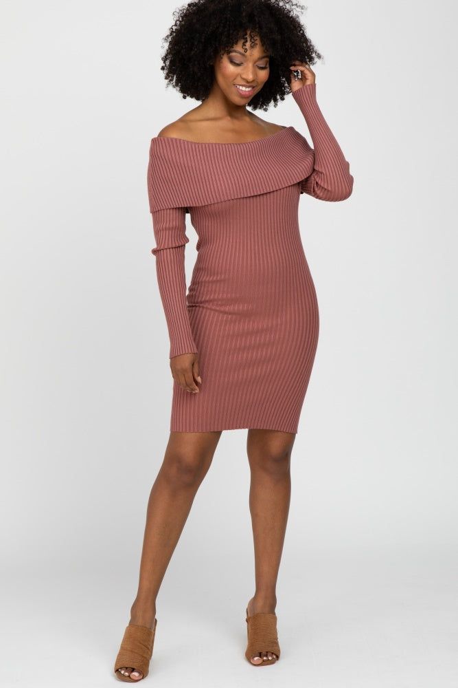 Mauve Ribbed Off Shoulder Maternity Fitted Sweater Dress sold by Pinkblush product image thumbnail 5
