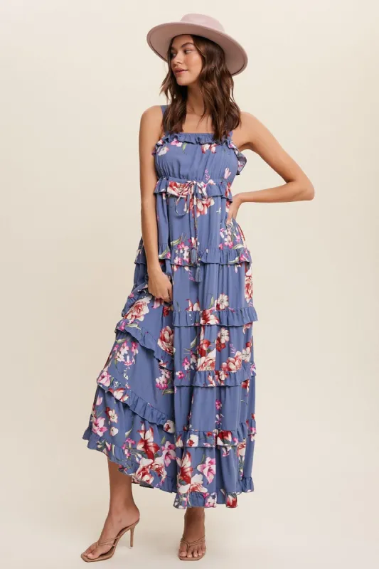 Blue Floral Sleeveless Tiered Maxi Dress sold by Pinkblush