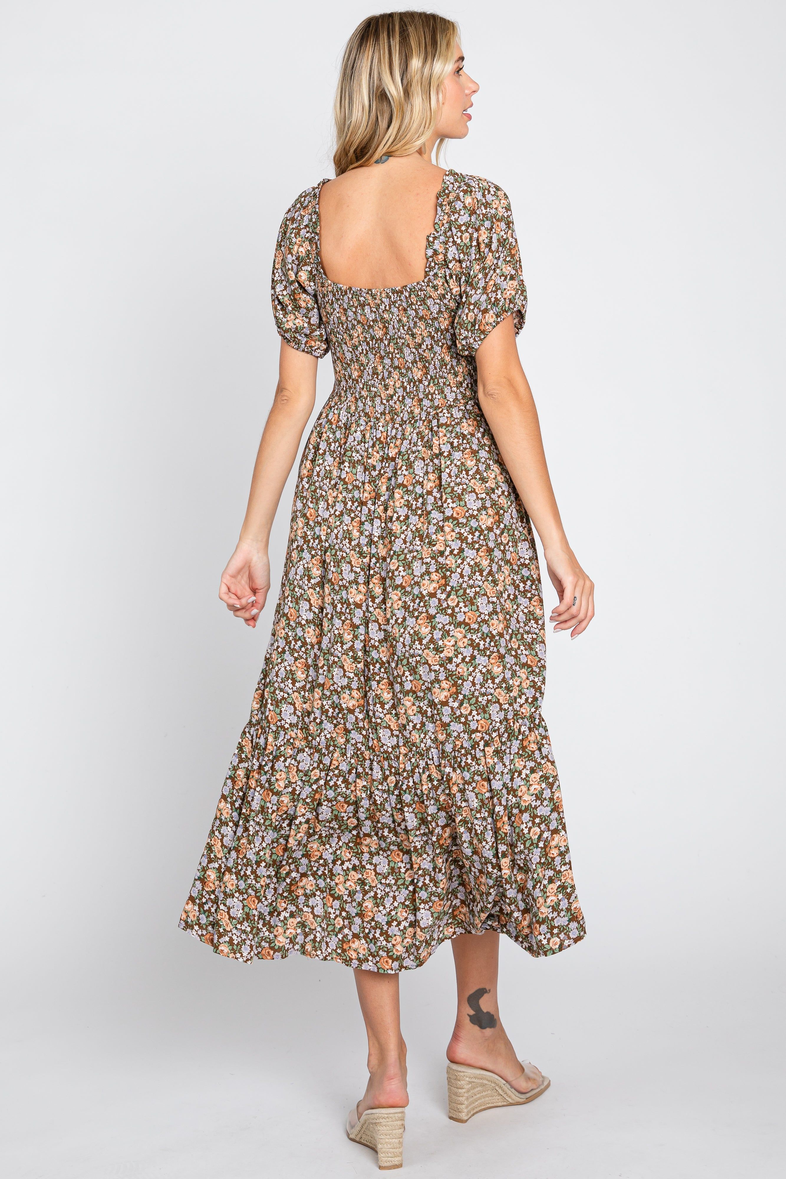 Mocha Floral Smocked Puff Sleeve Midi Dress sold by Pinkblush product image thumbnail 3