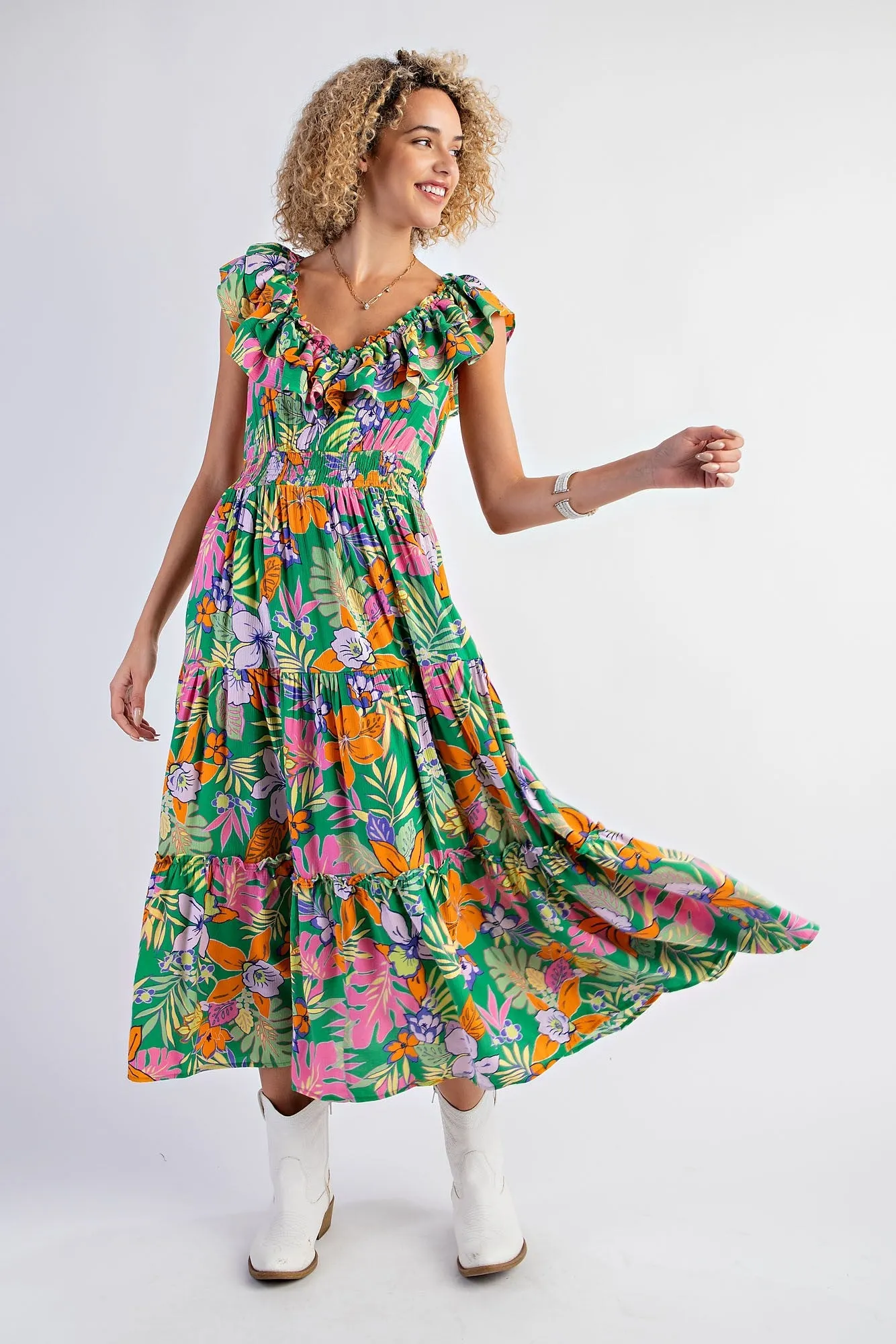 Green Ruffle V-Neck Tiered Maternity Maxi Dress sold by Pinkblush product image thumbnail 3