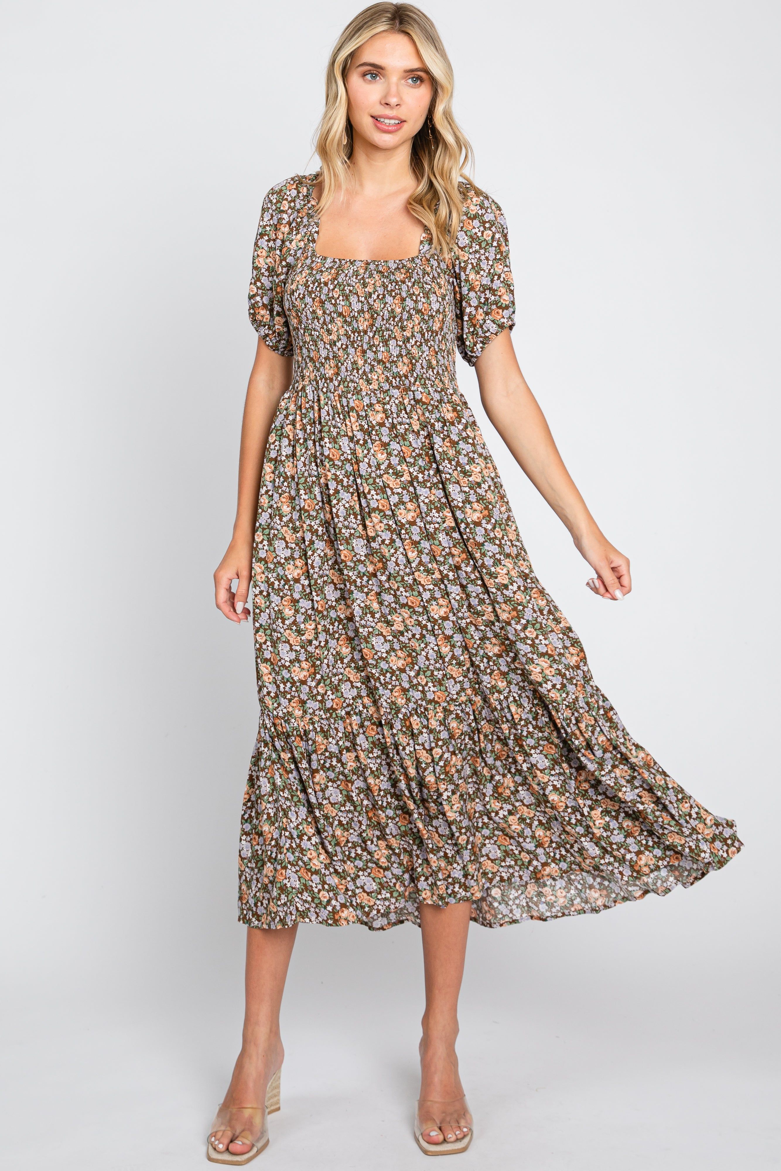Mocha Floral Smocked Puff Sleeve Midi Dress sold by Pinkblush