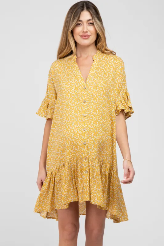 Yellow Floral Ruffle Hi- Lo Hem Maternity Mini Dress sold by Pinkblush