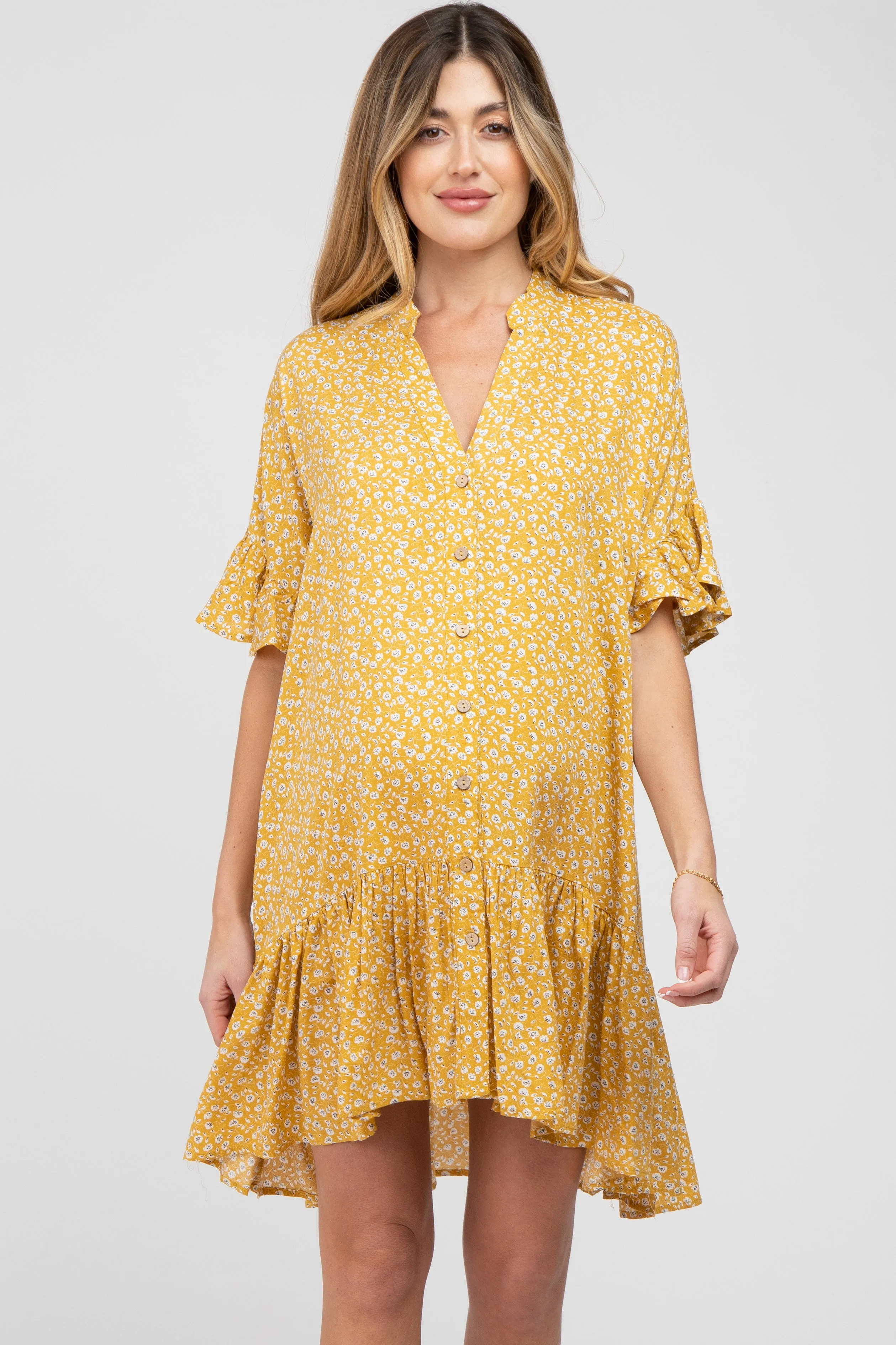 Yellow Floral Ruffle Hi- Lo Hem Maternity Mini Dress sold by Pinkblush