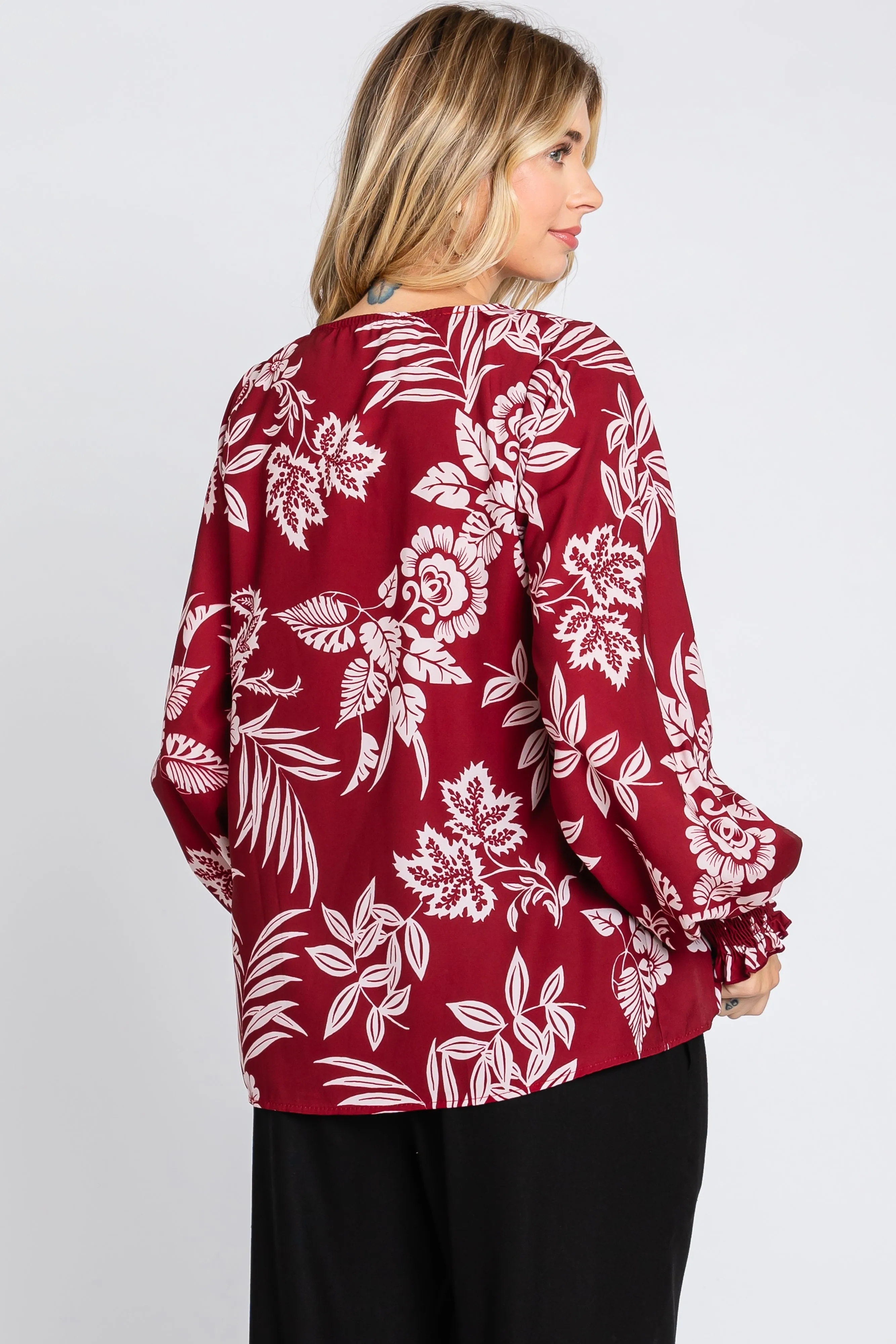 Burgundy Floral V-Neck Long Sleeve Blouse sold by Pinkblush product image thumbnail 4