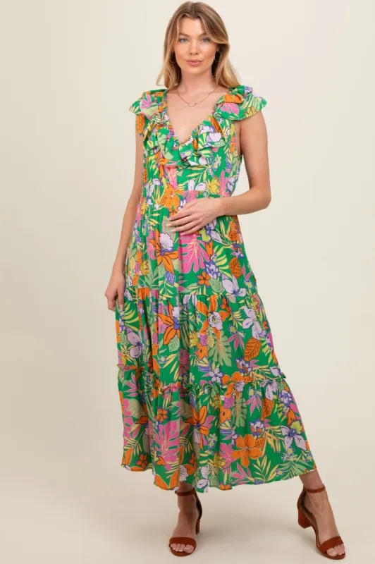 Green Ruffle V-Neck Tiered Maternity Maxi Dress sold by Pinkblush