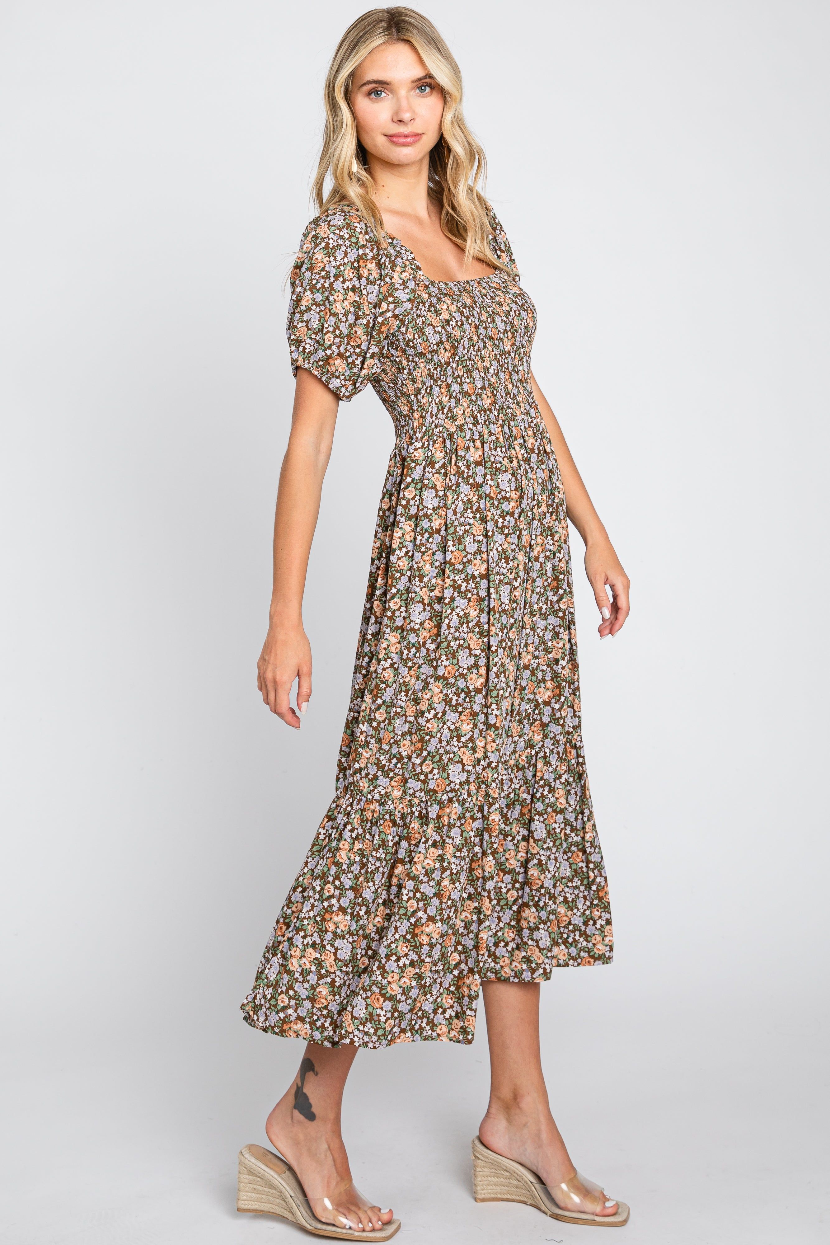 Mocha Floral Smocked Puff Sleeve Midi Dress sold by Pinkblush product image thumbnail 2