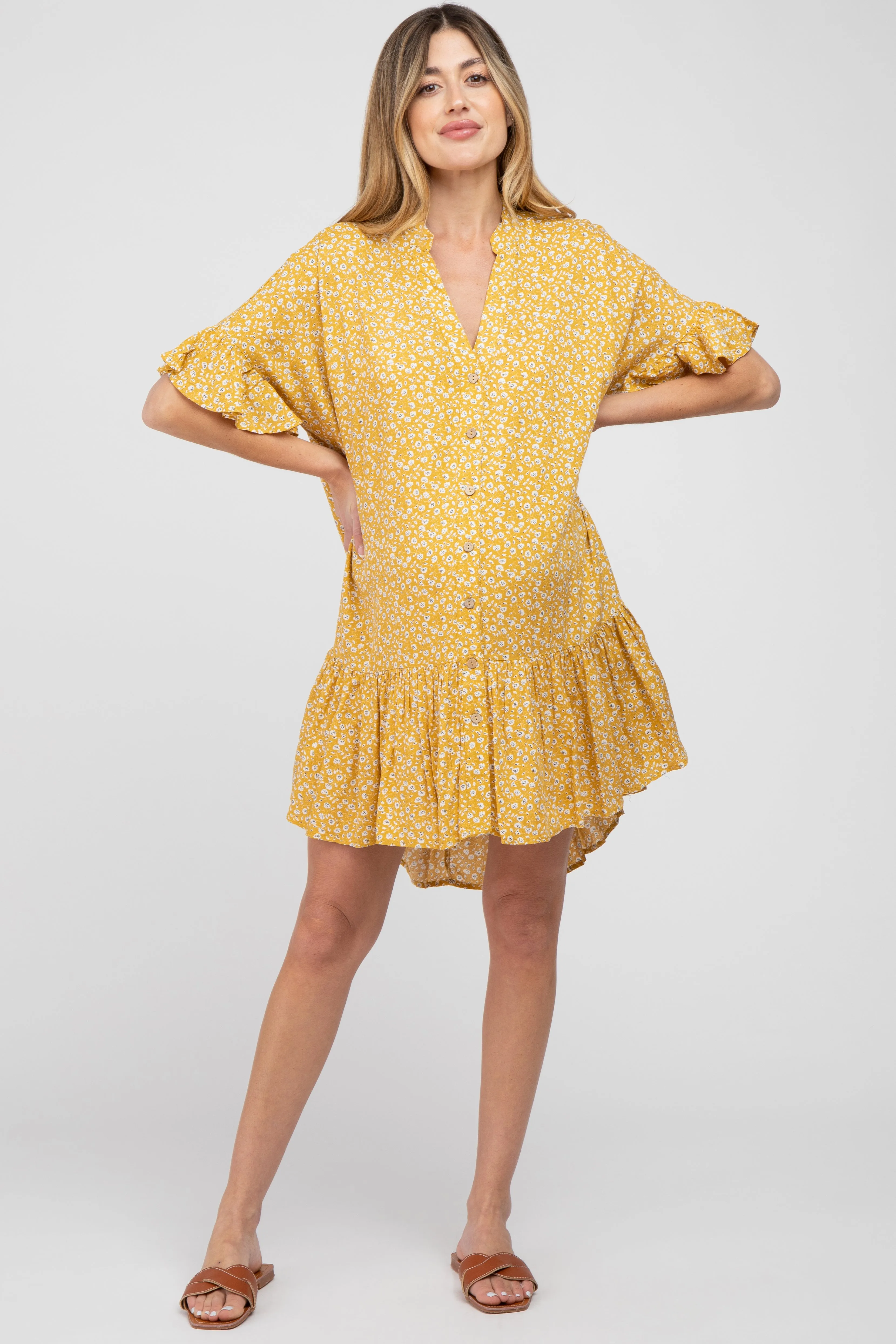 Yellow Floral Ruffle Hi- Lo Hem Maternity Mini Dress sold by Pinkblush product image thumbnail 5