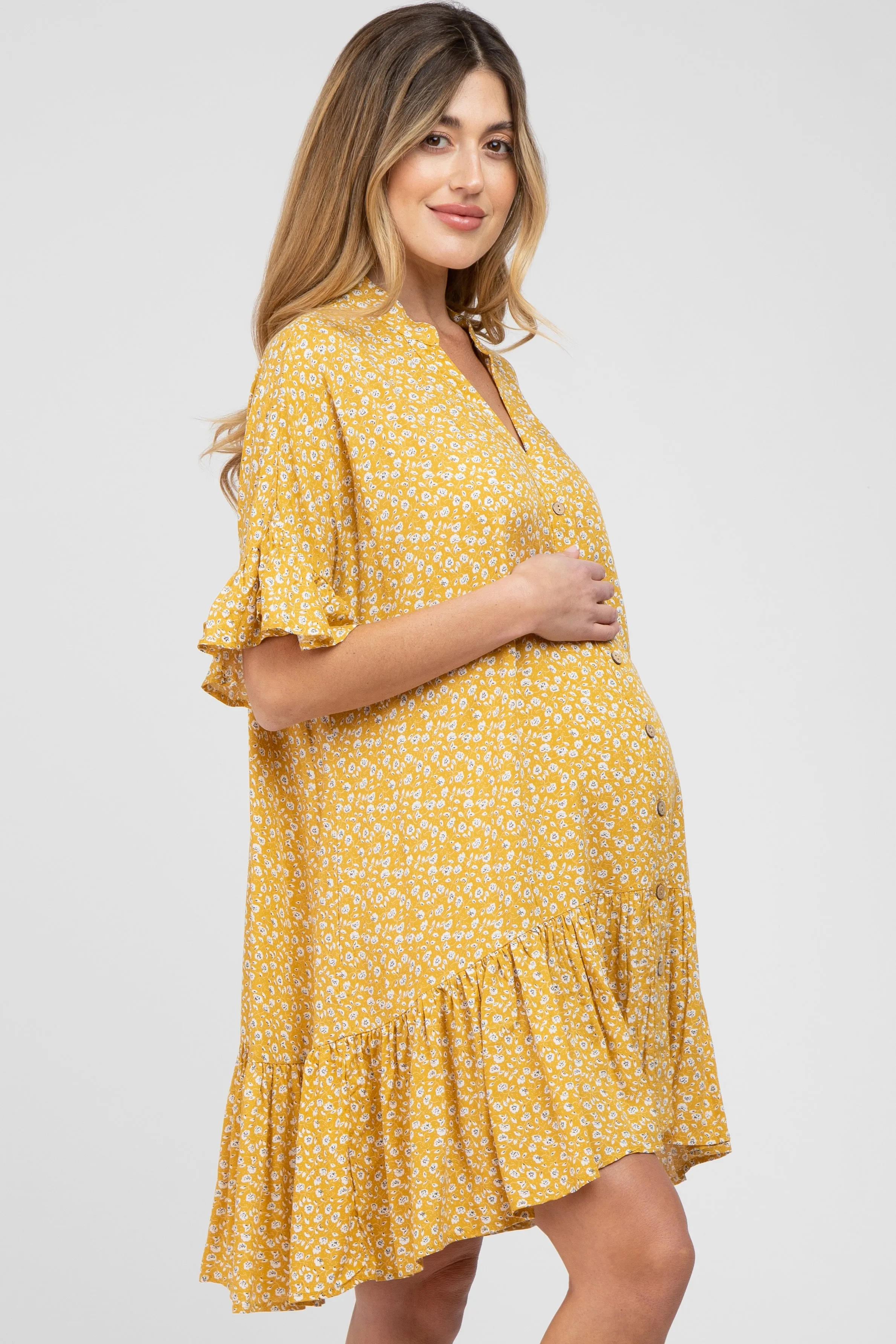 Yellow Floral Ruffle Hi- Lo Hem Maternity Mini Dress sold by Pinkblush product image thumbnail 2