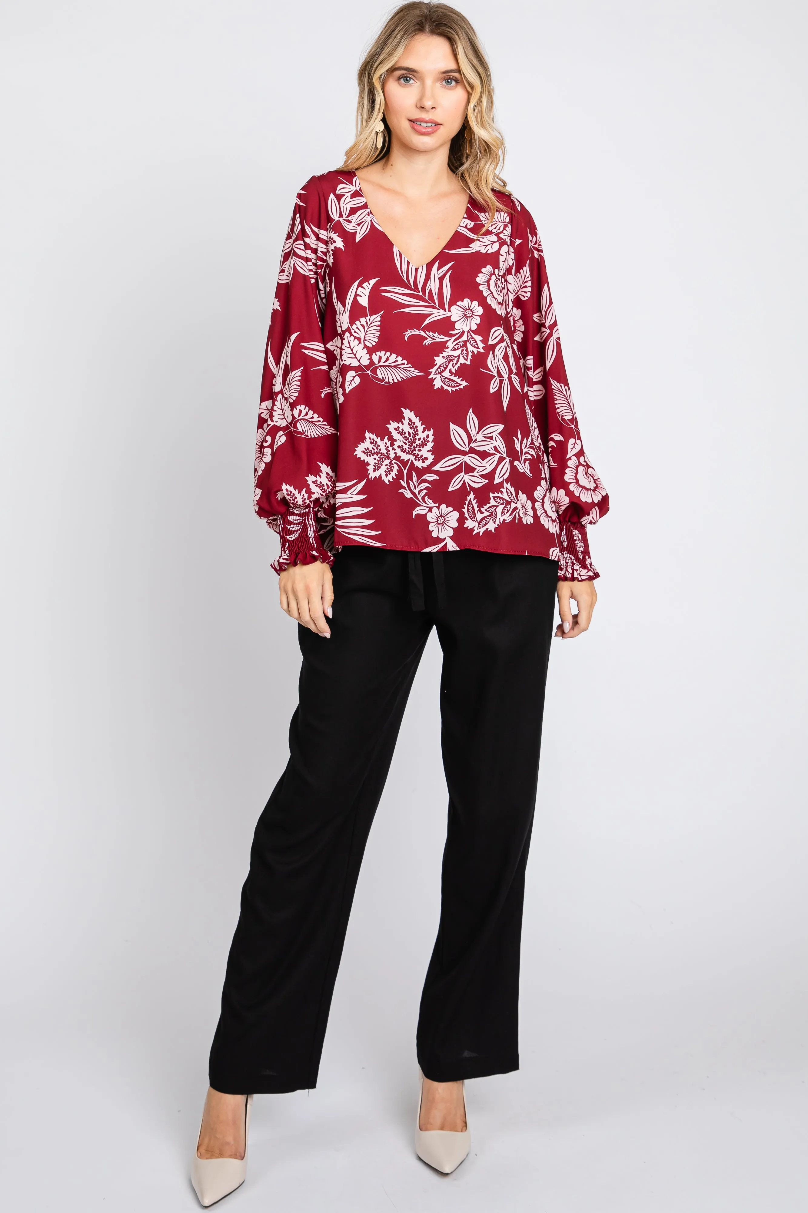 Burgundy Floral V-Neck Long Sleeve Blouse sold by Pinkblush product image thumbnail 5
