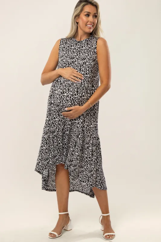 Black Printed Ruffle Hem Hi-Low Maternity Midi Dress sold by Pinkblush