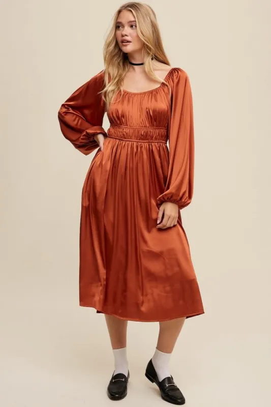 Rust Empire Waist Long Sleeve Satin Midi Dress sold by Pinkblush
