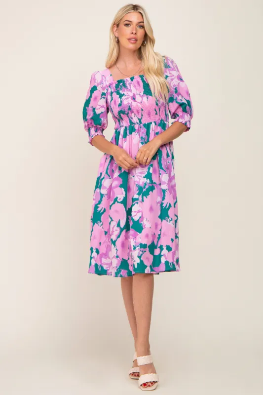Lavender Floral Square Neck Smocked Midi Dress sold by Pinkblush