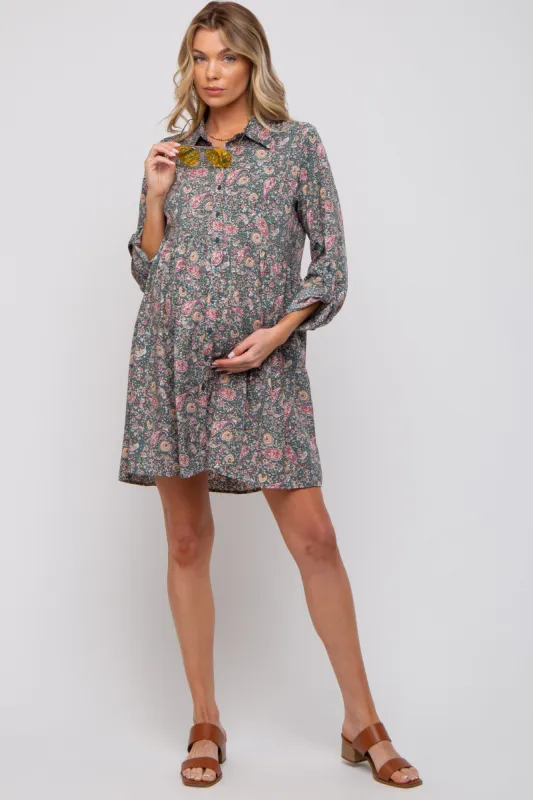 Teal Paisley Print Collared Maternity Dress sold by Pinkblush