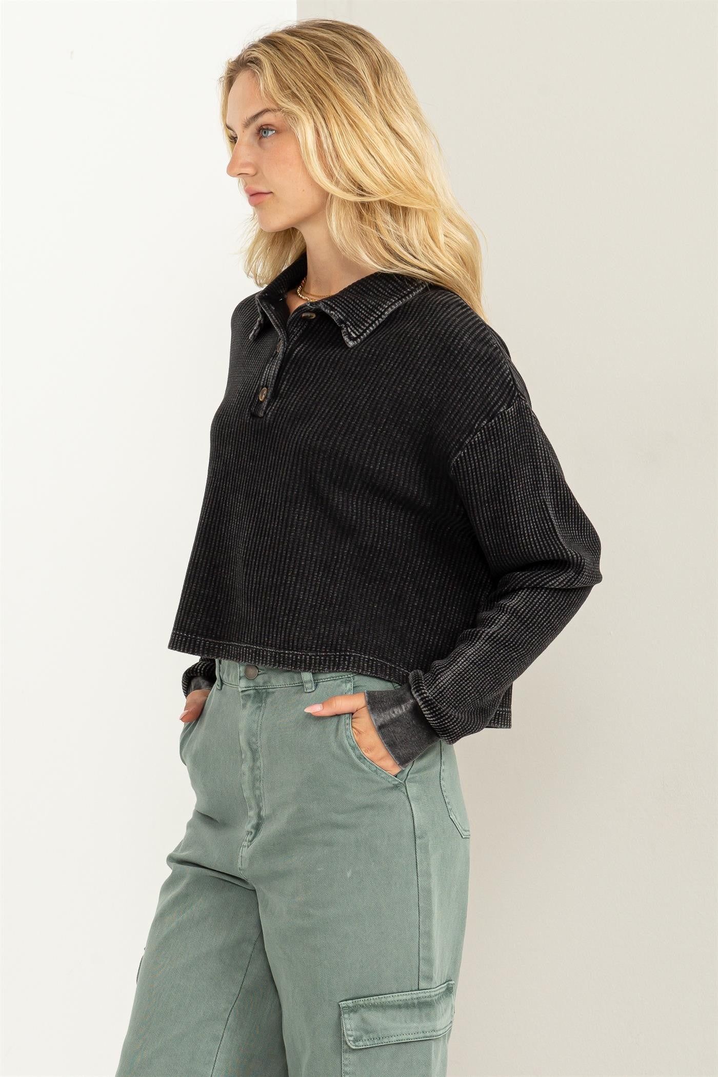 Black Long Sleeve Collared Button Front Top sold by Pinkblush product image thumbnail 3