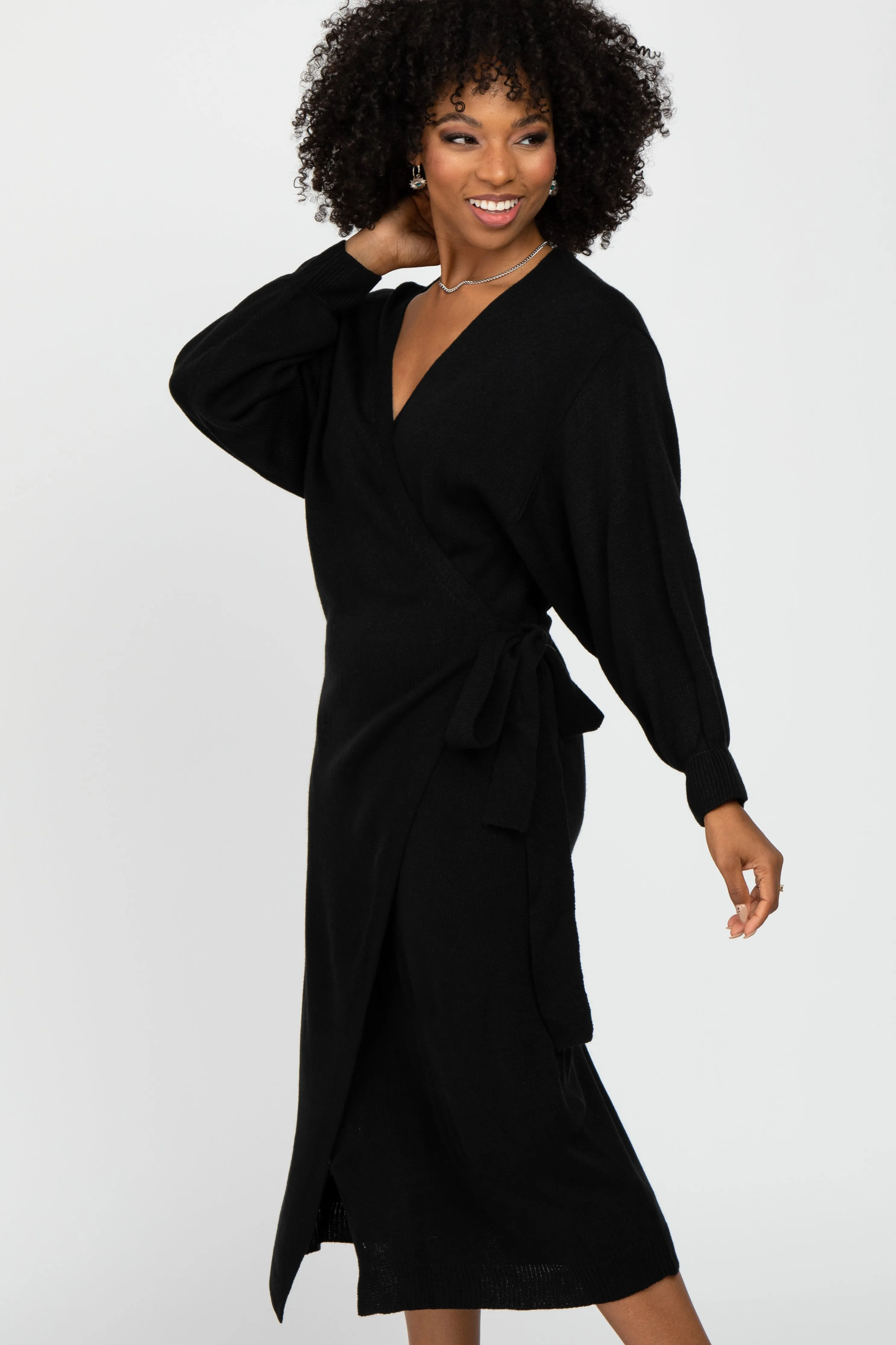 Black Wrap Sweater Knit Midi Dress sold by Pinkblush product image thumbnail 4