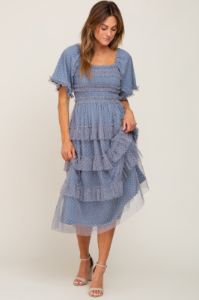 Blue Dot Smocked Ruffle Tiered Midi Dress sold by Pinkblush