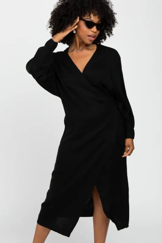 Black Wrap Sweater Knit Midi Dress sold by Pinkblush