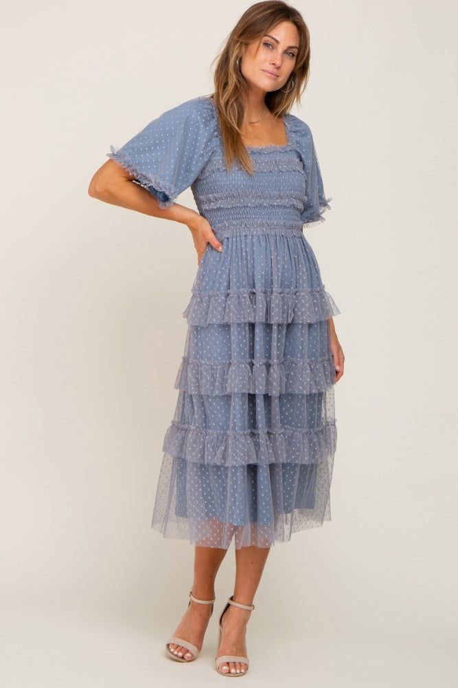 Blue Dot Smocked Ruffle Tiered Midi Dress sold by Pinkblush