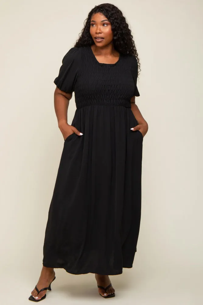 Black Smocked Short Sleeve Midi Dress sold by Pinkblush