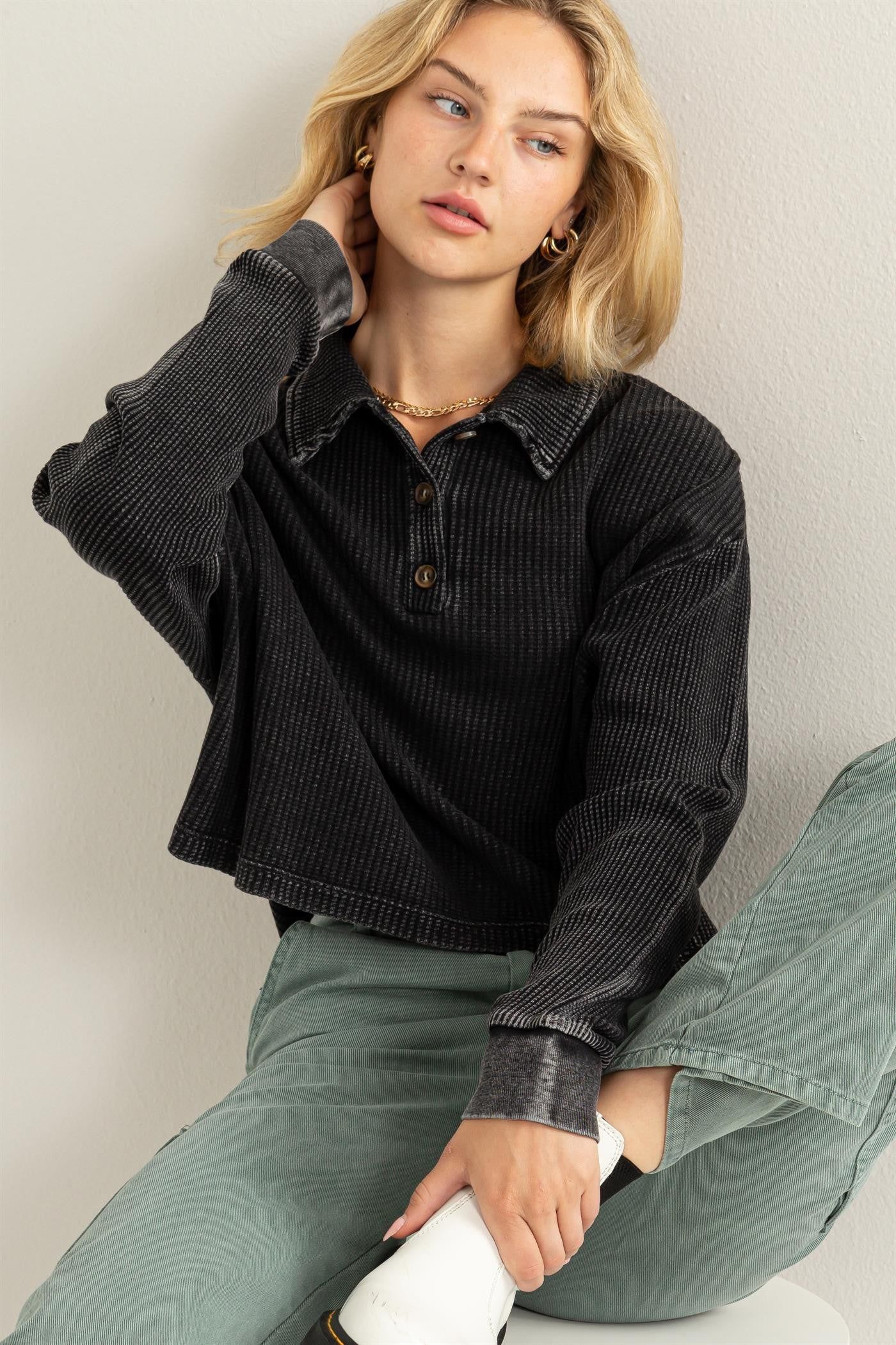 Black Long Sleeve Collared Button Front Top sold by Pinkblush