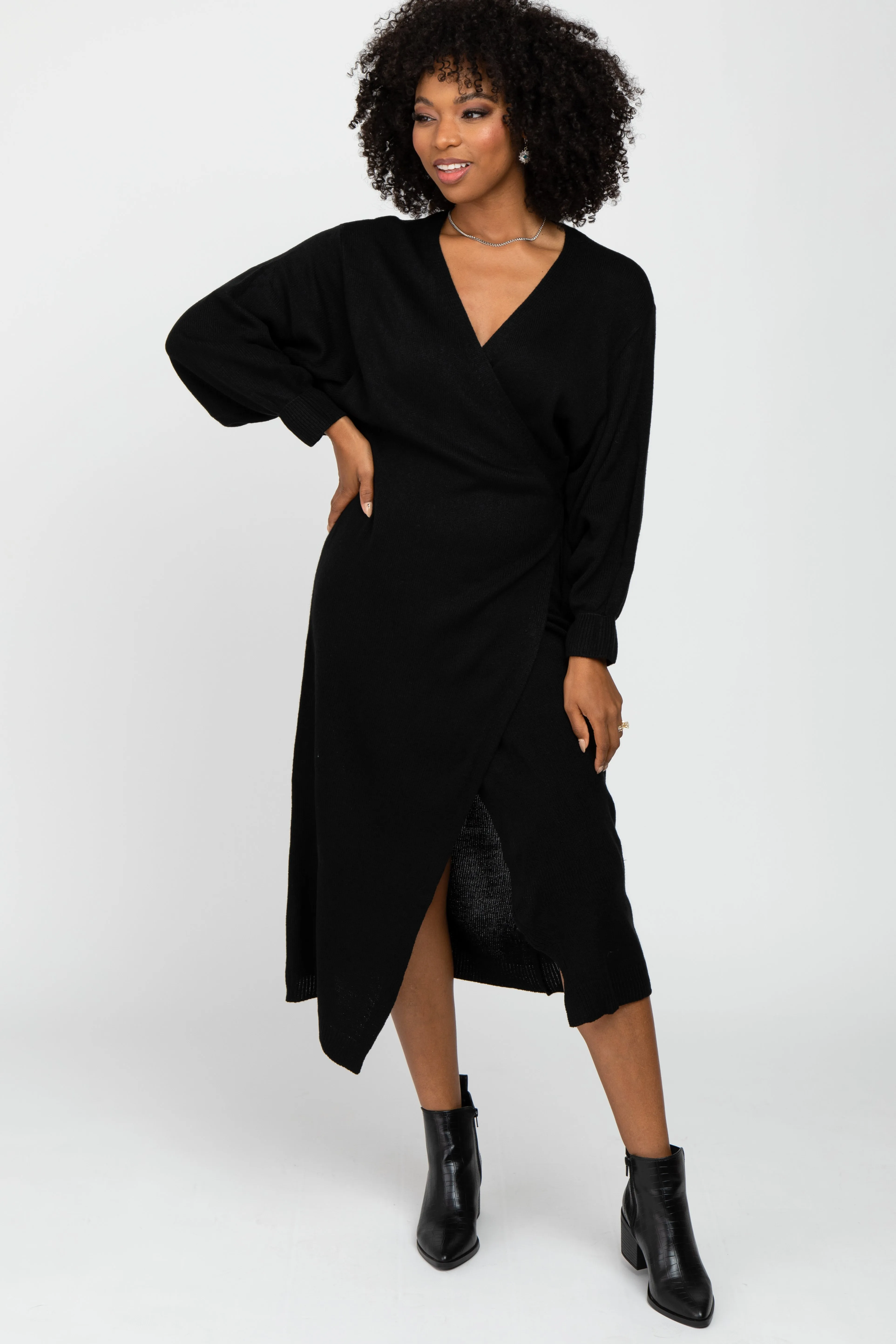 Black Wrap Sweater Knit Midi Dress sold by Pinkblush product image thumbnail 2