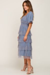 Blue Dot Smocked Ruffle Tiered Midi Dress sold by Pinkblush