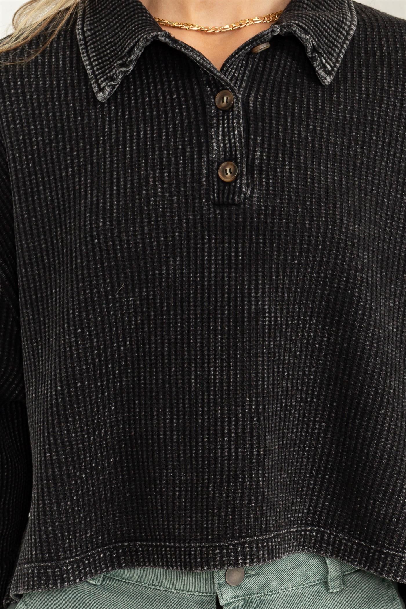 Black Long Sleeve Collared Button Front Top sold by Pinkblush product image thumbnail 5