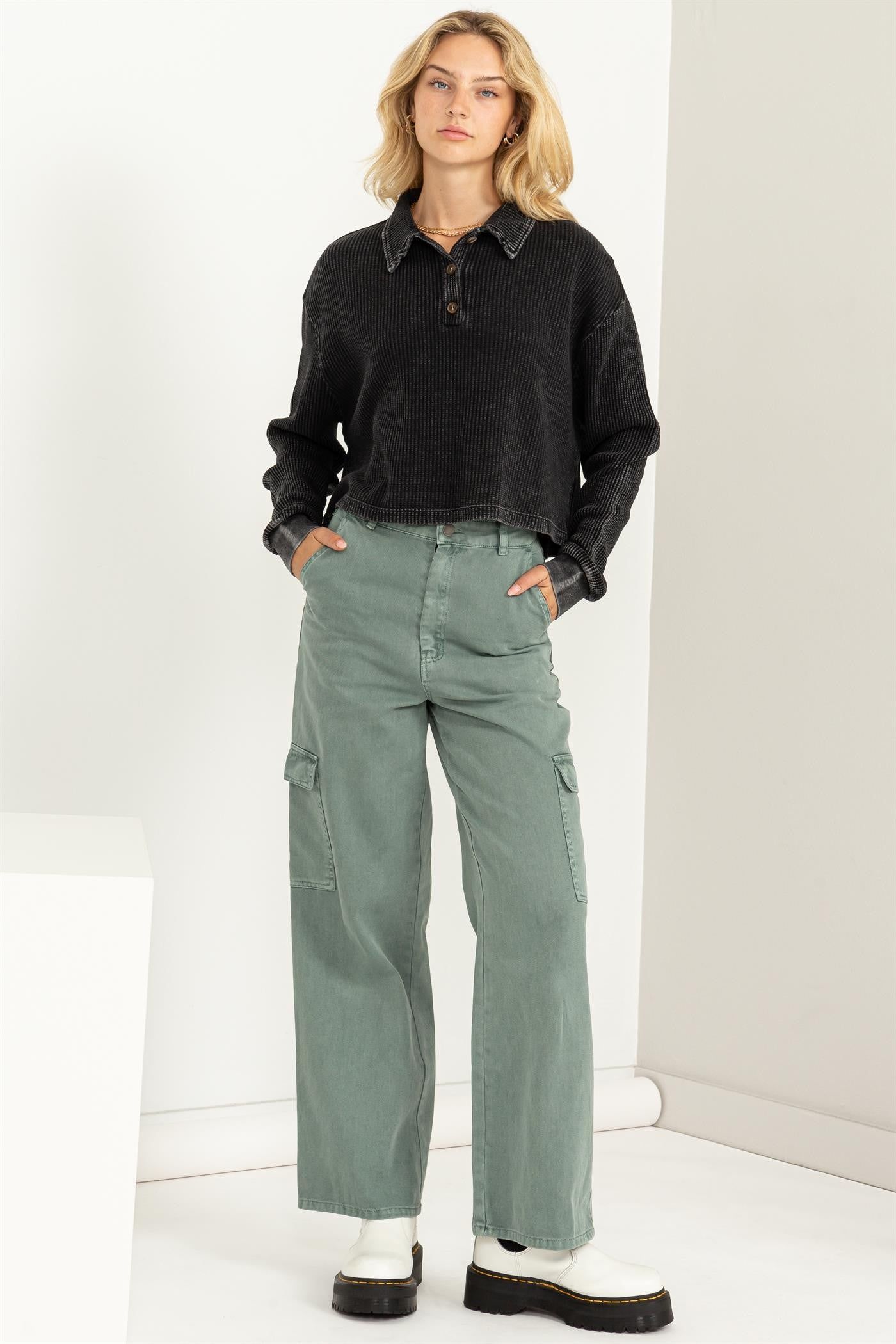 Black Long Sleeve Collared Button Front Top sold by Pinkblush product image thumbnail 2