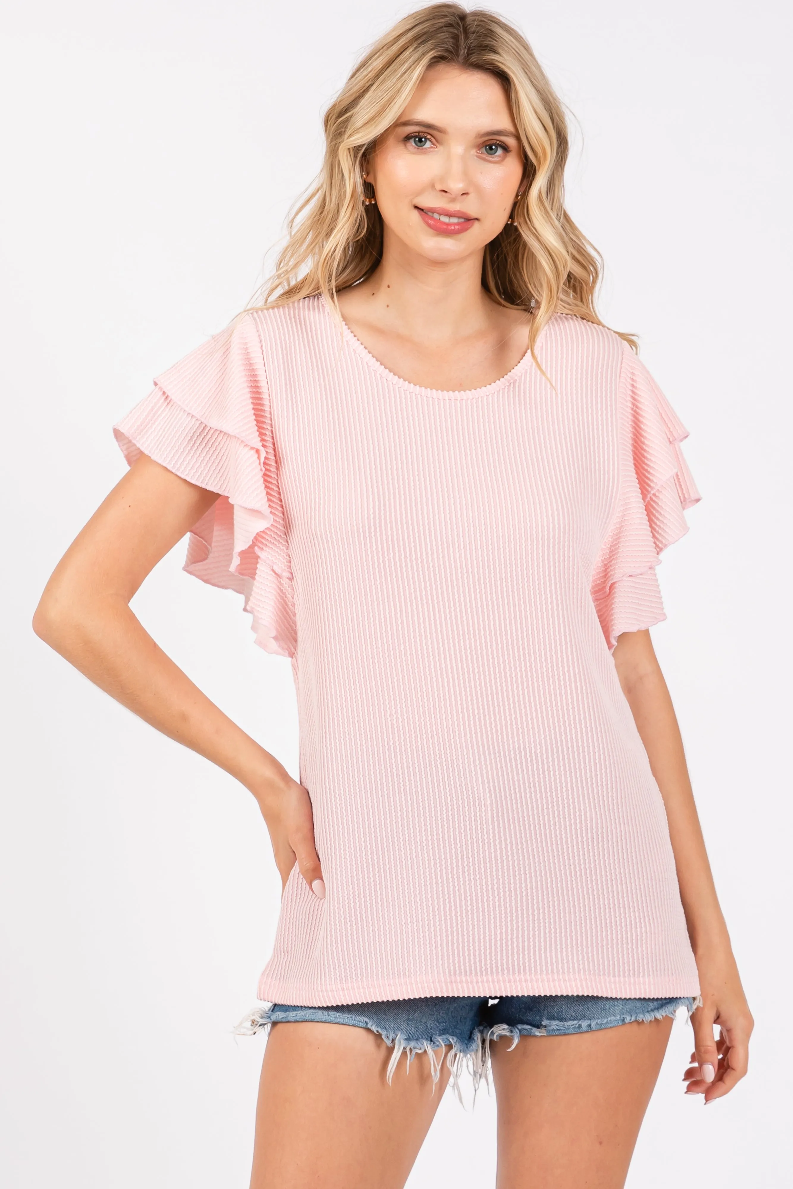 Light Pink Ruffle Sleeve Ribbed Top sold by Pinkblush