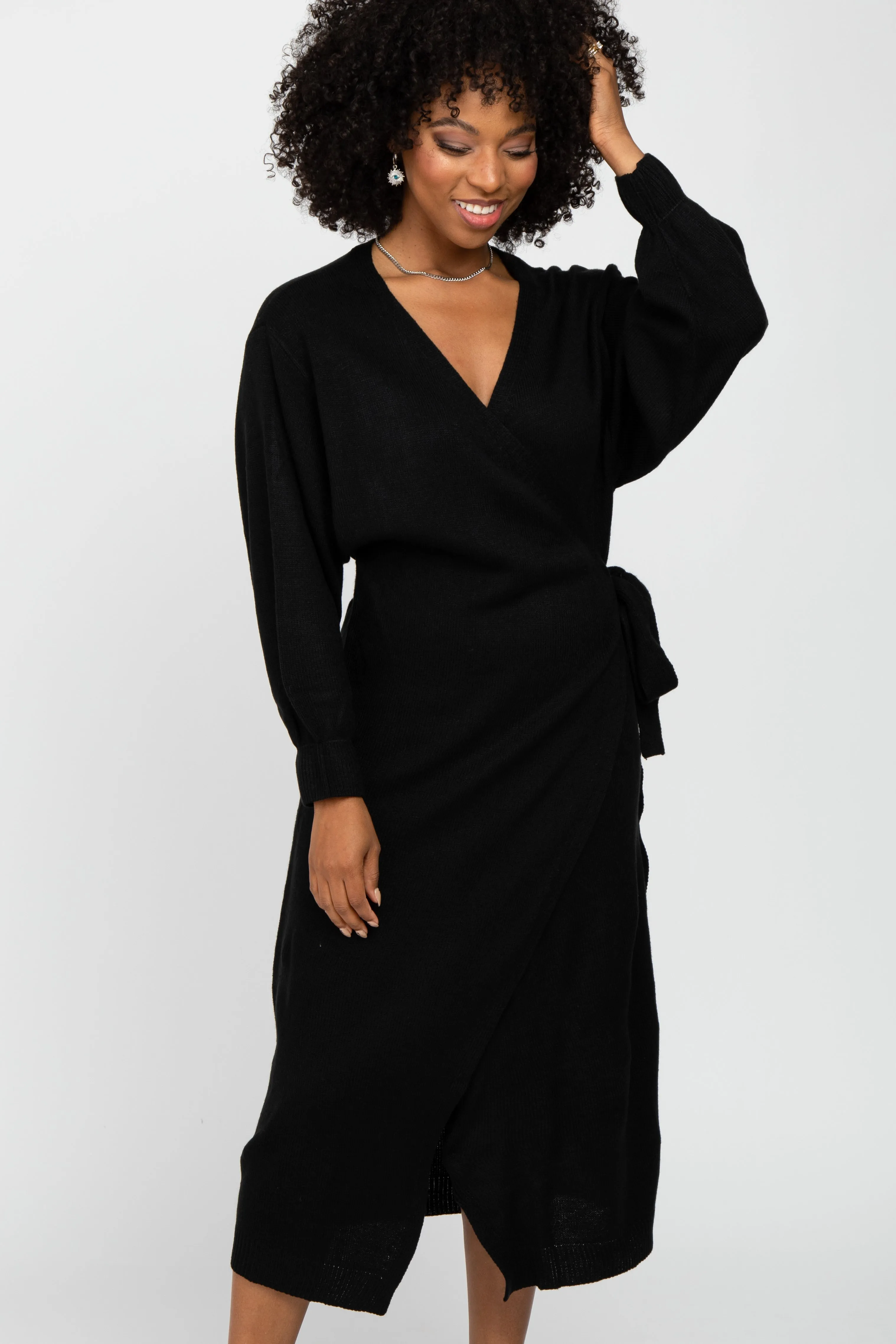 Black Wrap Sweater Knit Midi Dress sold by Pinkblush product image thumbnail 3