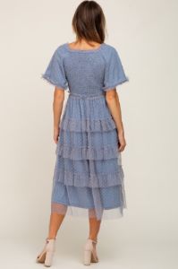 Blue Dot Smocked Ruffle Tiered Midi Dress sold by Pinkblush
