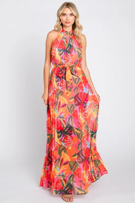 Multi-Color Palm Print Pleated Chiffon Maxi Dress sold by Pinkblush
